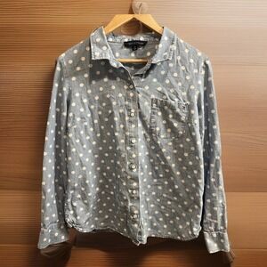 Tommy Hilfiger Women's Blue Chambray Polka Dot Button Down Shirt Casual Preppy